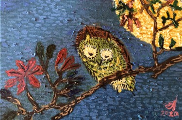 Картина под названием "Спящая Сова на фоне…" - Себини, Подлинное произведение искусства, Масло Установлен на Деревянная рама…