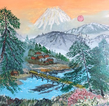 Картина под названием "Пейзаж с летящими ц…" - Себини, Подлинное произведение искусства, Масло Установлен на Деревянная рама…