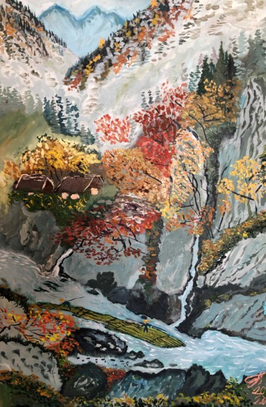 Картина под названием "Пейзаж с горной реч…" - Себини, Подлинное произведение искусства, Масло