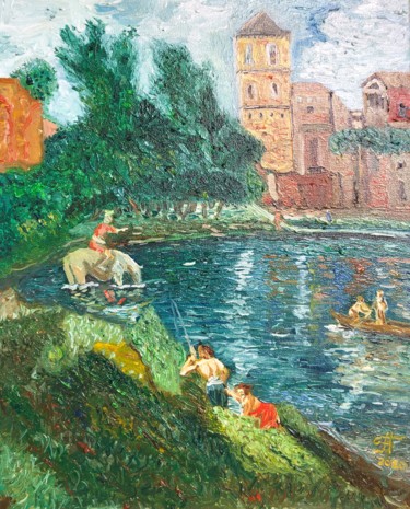 Peinture intitulée "Пейзаж с прудом на…" par Sebini, Œuvre d'art originale, Huile