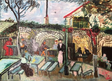 Painting titled "Кафе в Париже . Реп…" by Sebini, Original Artwork, Oil Mounted on Wood Stretcher frame