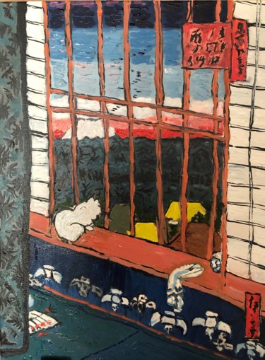 Картина под названием "Рисовые поля Асакус…" - Себини, Подлинное произведение искусства, Масло Установлен на Деревянная рама…