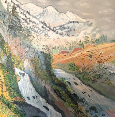 Painting titled "горный пейзаж с рек…" by Sebini, Original Artwork, Oil Mounted on Wood Stretcher frame