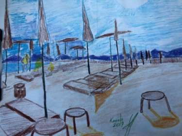 Рисунок под названием "Канны . Пляж ." - Себини, Подлинное произведение искусства, Карандаш