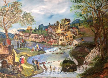 Painting titled "Здания и люди у рек…" by Sebini, Original Artwork, Oil Mounted on Wood Stretcher frame
