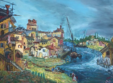Painting titled "Здания и люди у рек…" by Sebini, Original Artwork, Oil Mounted on Wood Stretcher frame