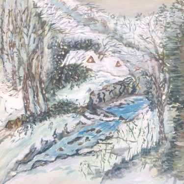 Картина под названием "Зимний пейзаж с лош…" - Себини, Подлинное произведение искусства, Масло Установлен на картон