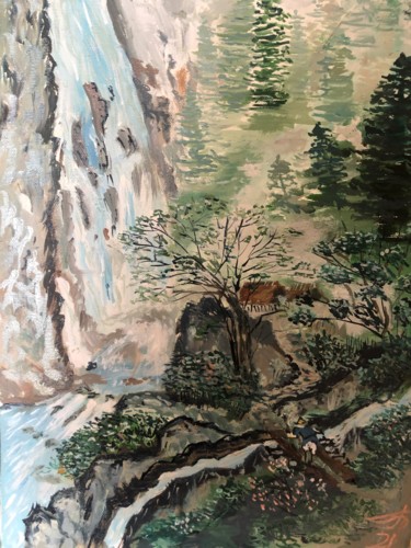 Картина под названием "Японский пейзаж на…" - Себини, Подлинное произведение искусства, Масло