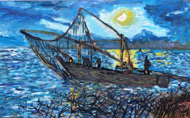 Painting titled "Рыбаки на тему Тсуц…" by Sebini, Original Artwork, Oil
