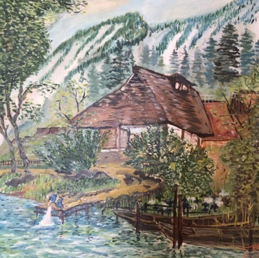 Painting titled "Пейзаж с домиками и…" by Sebini, Original Artwork, Oil
