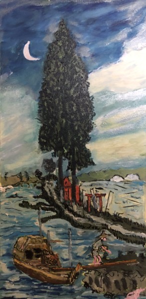 Painting titled "Пейзаж с деревом и…" by Sebini, Original Artwork, Oil