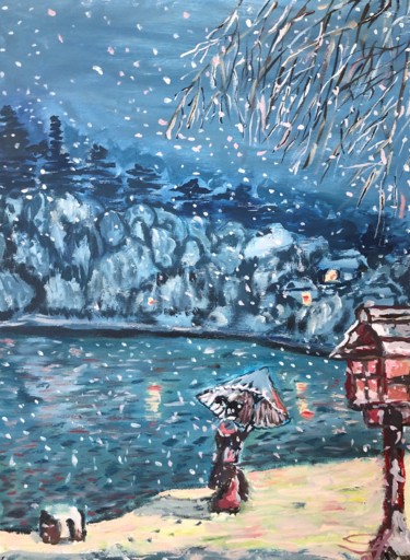 Pintura titulada "Снежный вечер у озе…" por Sebini, Obra de arte original, Oleo