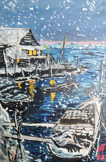 Картина под названием "Зимний пейзаж с лод…" - Себини, Подлинное произведение искусства, Масло