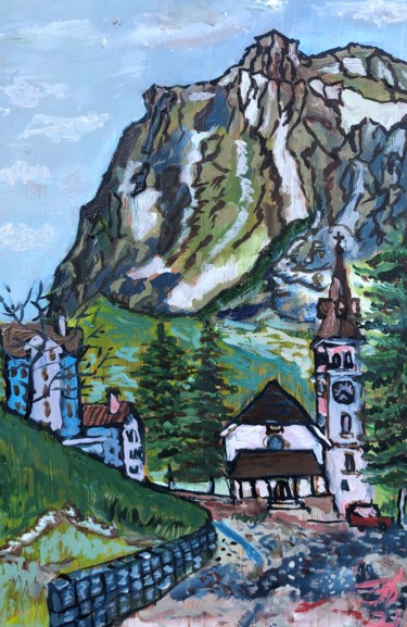 Картина под названием "Горный пейзаж с цер…" - Себини, Подлинное произведение искусства, Масло