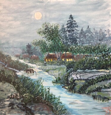 Peinture intitulée "Пейзаж при лунном с…" par Sebini, Œuvre d'art originale, Huile Monté sur Châssis en bois