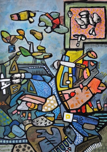 Painting titled "Birds and Fish" by Inke Bemelmans, Original Artwork, Acrylic
