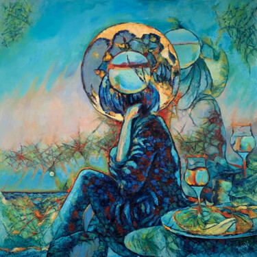 Painting titled "Contemplating" by Inn Gi, Original Artwork, Oil Mounted on Wood Stretcher frame