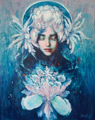 Painting titled "Snow Princess" by Inn Gi, Original Artwork, Oil Mounted on Wood Stretcher frame