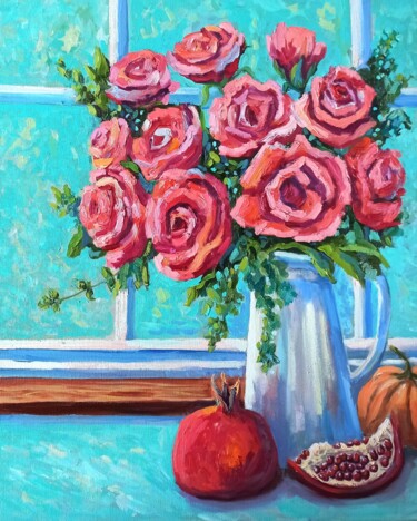 Painting titled "Pink Roses" by Inna Bebrisa, Original Artwork, Oil