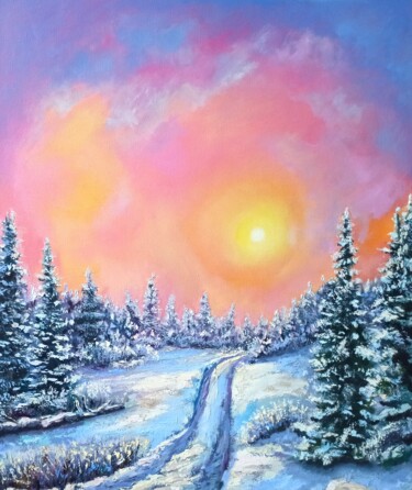Painting titled "Colorful winter lan…" by Inna Bebrisa, Original Artwork, Oil