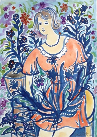 Schilderij getiteld "In flowers" door Inna Dotsenko, Origineel Kunstwerk, Aquarel