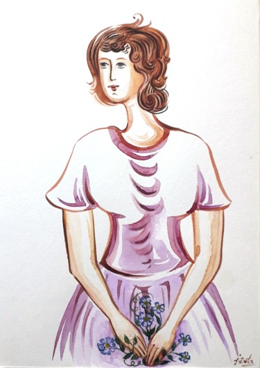 Pintura intitulada "Woman with flowers" por Inna Dotsenko, Obras de arte originais, Aquarela