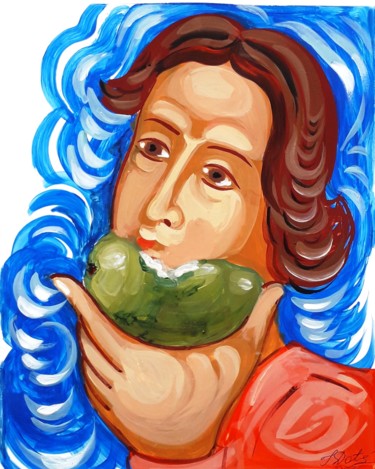Painting titled "Woman with pear" by Inna Dotsenko, Original Artwork, Acrylic