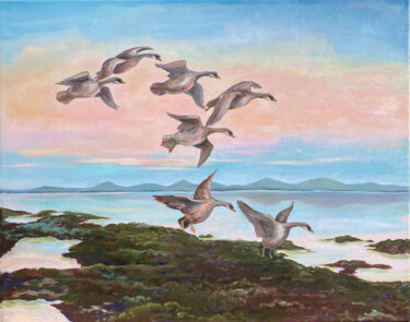 Schilderij getiteld "Flock of Geese Fly" door Inna Kalenychenko, Origineel Kunstwerk, Olie