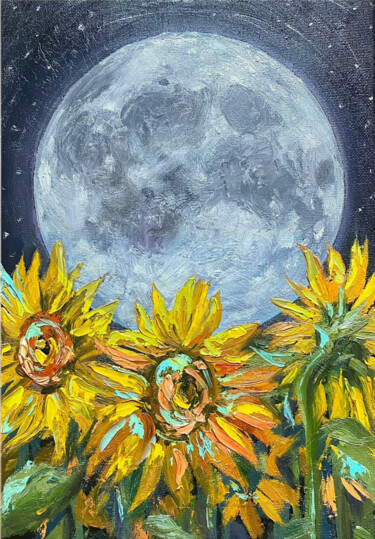 Malarstwo zatytułowany „Full Moon Sunflower” autorstwa Inna Kalenychenko, Oryginalna praca, Olej