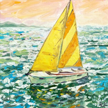 Painting titled "Boat Seascape" by Inna Kalenychenko, Original Artwork, Oil