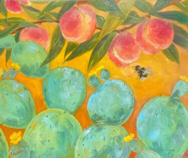 Картина под названием "Cactus Peach Bumble…" - Inna Kalenychenko, Подлинное произведение искусства, Масло