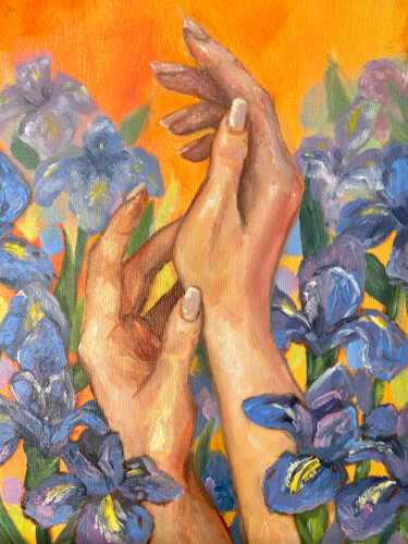 Pittura intitolato "Hands in Irises" da Inna Kalenychenko, Opera d'arte originale, Olio