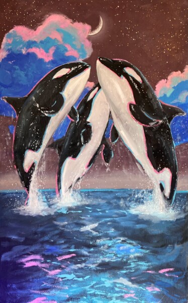 Painting titled "Three orcas dance" by Inna Kalenychenko, Original Artwork, Oil