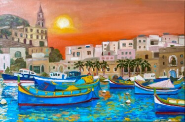 Painting titled "Maltese Boats Seasc…" by Inna Kalenychenko, Original Artwork, Oil Mounted on Wood Stretcher frame