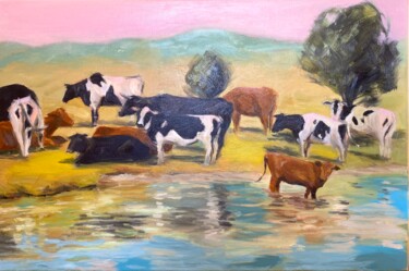 Schilderij getiteld "Herd of cows" door Inna Kalenychenko, Origineel Kunstwerk, Olie