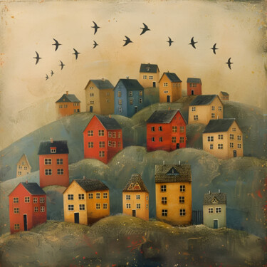 Digital Arts titled "The houses and birds" by Inna Mamonova, Original Artwork, AI generated image