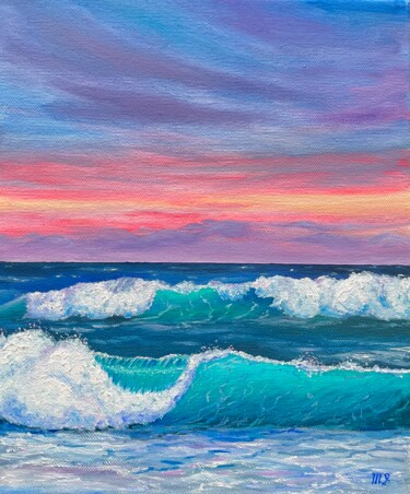 Painting titled "Wave oil painting o…" by Inna Martynenko, Original Artwork, Oil Mounted on Wood Stretcher frame