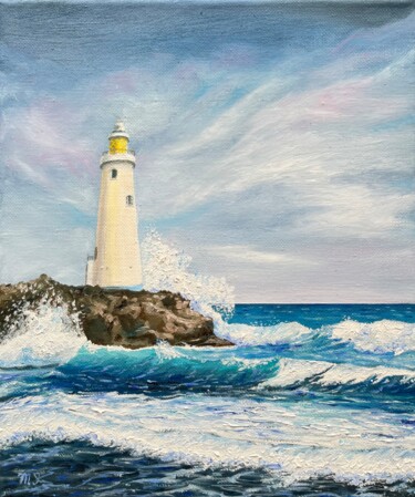 Painting titled "Lighthouse Original…" by Inna Martynenko, Original Artwork, Oil Mounted on Wood Stretcher frame
