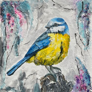 Painting titled "Bird painting Tit p…" by Inna Martynenko, Original Artwork, Oil Mounted on Wood Panel