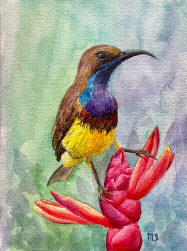 Pintura intitulada "Olive-backed sunbird" por Inna Martynenko, Obras de arte originais, Aquarela