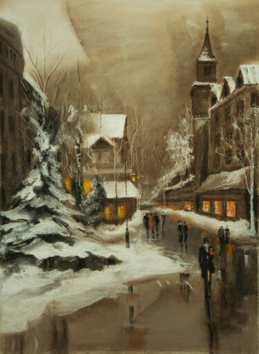 Drawing titled "City winter" by Inna Medvedeva, Original Artwork, Pastel