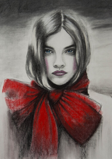 Dessin intitulée "Girl with a red bow" par Inna Medvedeva, Œuvre d'art originale, Pastel
