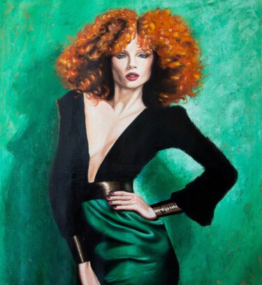 Картина под названием "Redhead on green" - Inna Medvedeva, Подлинное произведение искусства, Масло