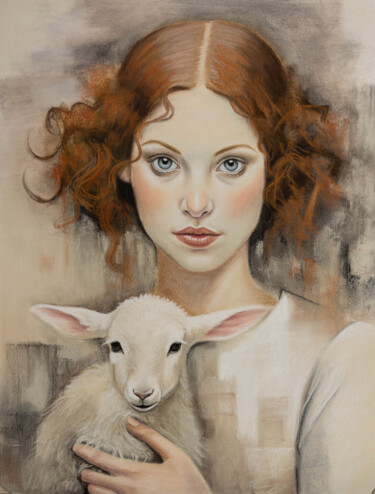 Dibujo titulada "Girl with a lamb" por Inna Medvedeva, Obra de arte original, Pastel