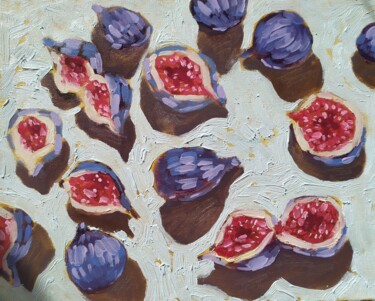 Painting titled "Still life with figs" by Inna Novobranets, Original Artwork, Oil Mounted on Wood Stretcher frame