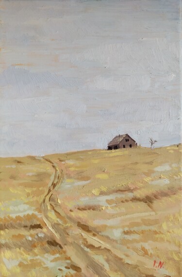 Pittura intitolato "Landscape "Farm"" da Inna Novobranets, Opera d'arte originale, Olio Montato su Telaio per barella in leg…