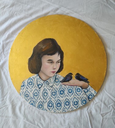 Картина под названием "Girl with the birds" - Inna Novobranets, Подлинное произведение искусства, Акрил