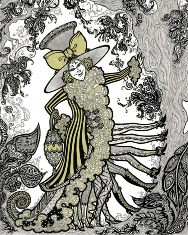 Zeichnungen mit dem Titel "Chenille Fashionista" von Inna Viriot, Original-Kunstwerk, Tinte