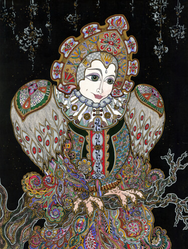 Peinture intitulée "Sirin - Oiseau de p…" par Inna Viriot, Œuvre d'art originale, Gouache