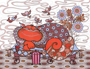 Peinture intitulée "Chat roux pécheur" par Inna Viriot, Œuvre d'art originale, Acrylique